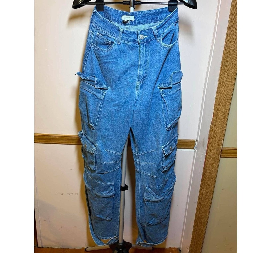 Forever 21 Womens Medium Wash Blue Baggy Wide Leg Cargo Denim Jeans Size M‎
